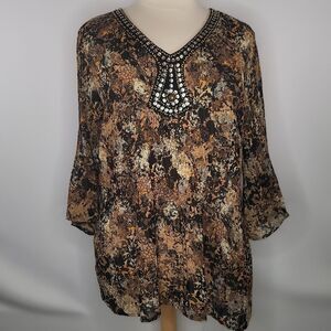 Avenue Brown, Black, Gold Floral Sheer Embellished Blouse